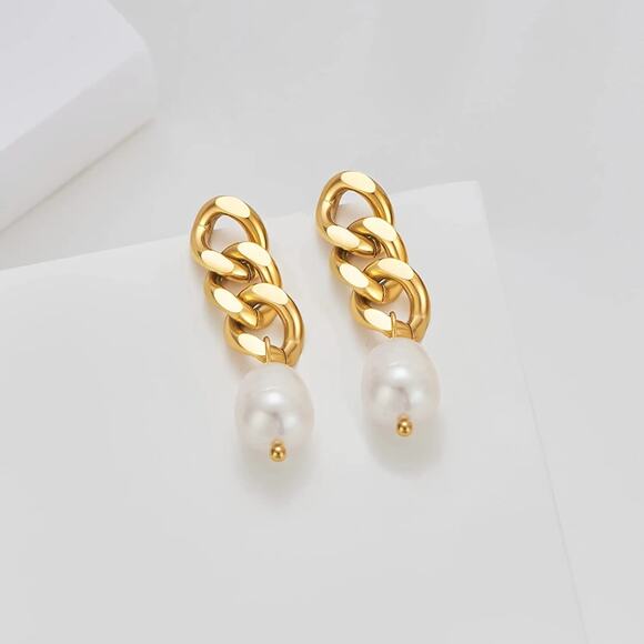 Baroque Freshwater Pearl Drop 18K Gold‎ Earrings Stainless Steel - Picture 12 of 13